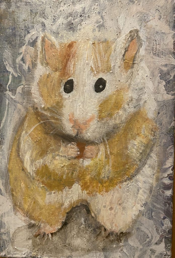 Gemaltes Bild eines goldbraunen Hamsters mit schwarzen Augen auf hellem Hintergrund